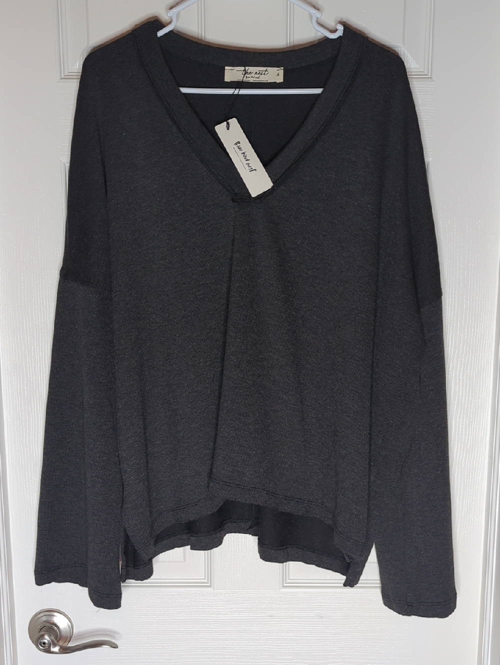 Three Bird Nest Oversized V Neck Bell Sleeve Top In Dark Charcoal Gray Small NWT